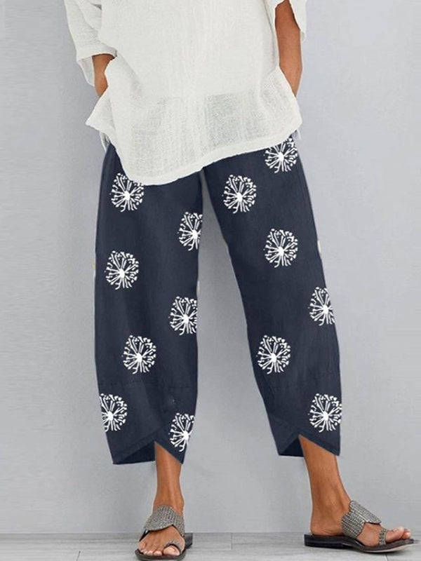 Loose Flower Print Pockets Split-Joint Pants Trousers NAVY BLUE