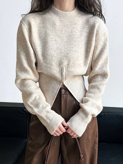 Lange Ärmel, locker, einfarbig, mit Reißverschluss, Stehkragen, Pullover, Oberteile 