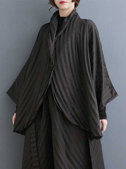 Long Sleeves Loose Buttoned Pleated Solid Color Stand Collar Shirts Top + Pants Bottom Two Pieces Set