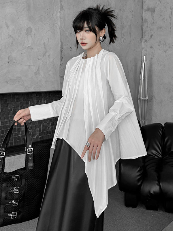 Hipster Irregularity Asymmetric Pleated Solid Color Round-Neck Blouses&Shirts Tops