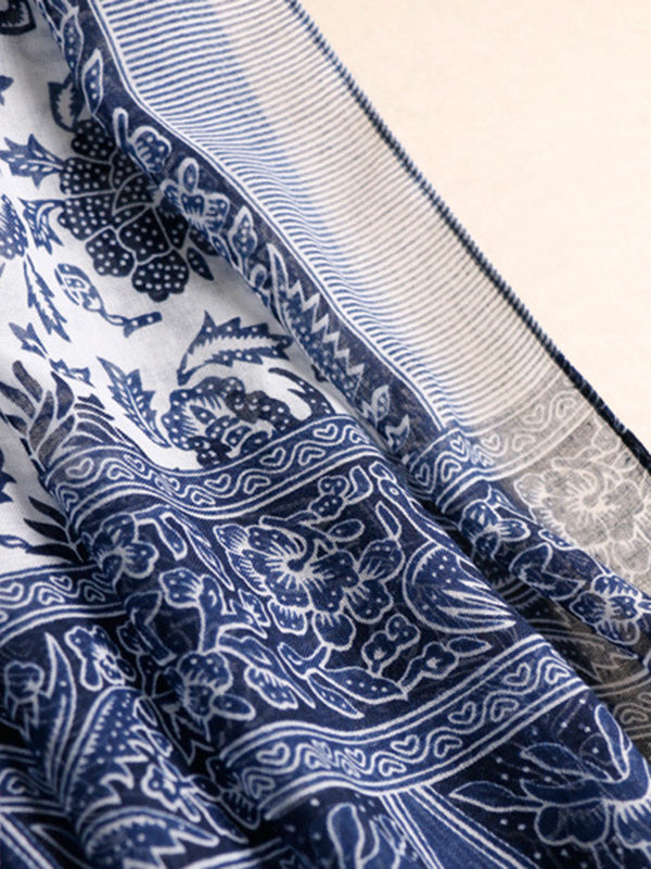 Printed Blue-And-White Sun-Protection Tasseled Shawl&Scarf