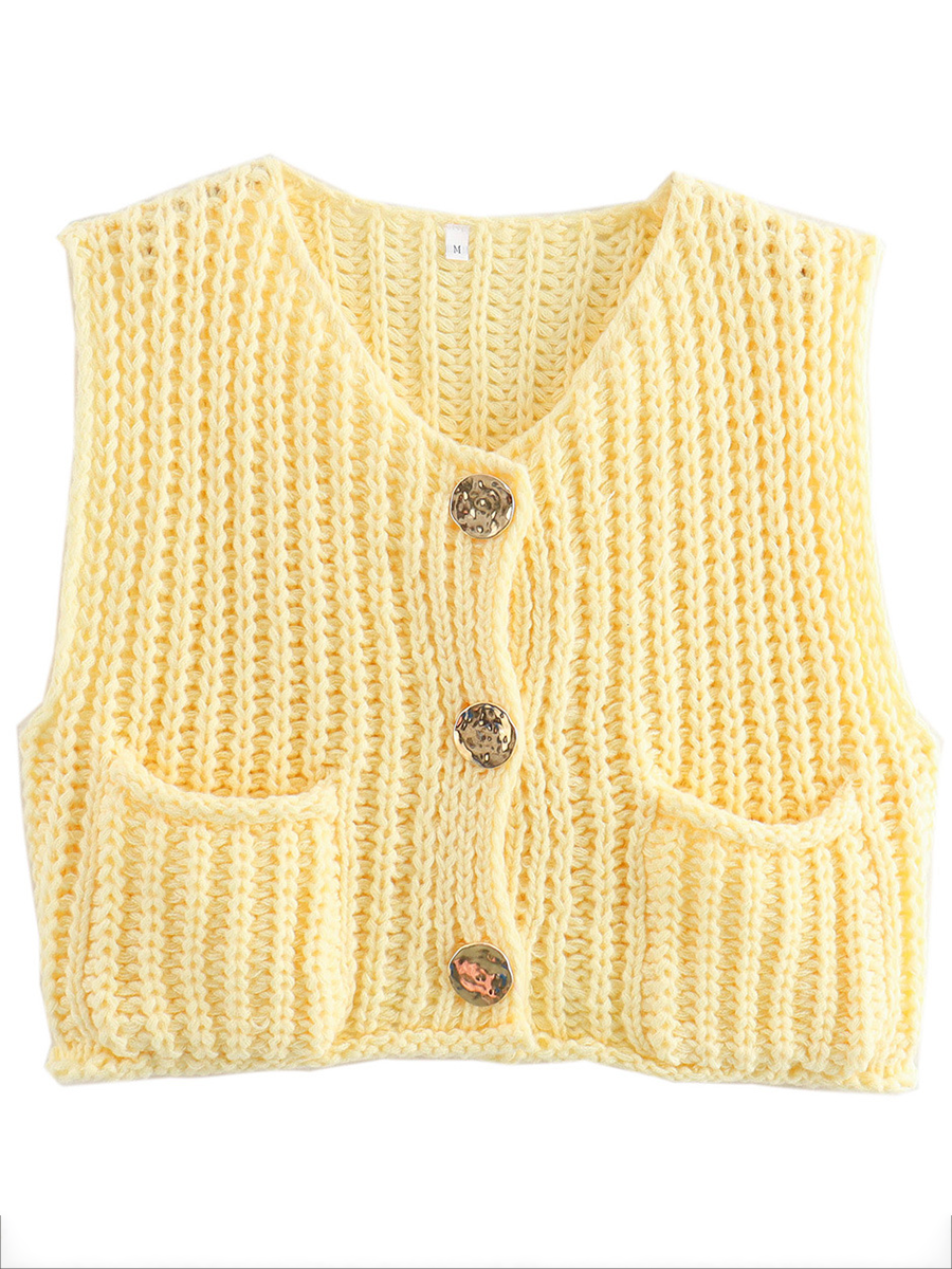 Sleeveless Buttoned Pockets Solid Color Cardigan Tops Knit Top