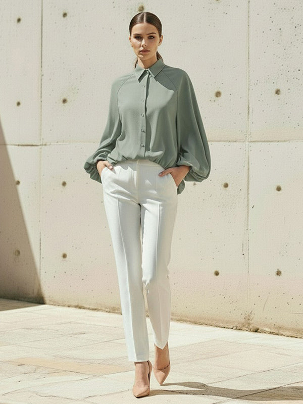 High-Low Puff Sleeves Buttoned Solid Color Split-Joint Lapel Blouses