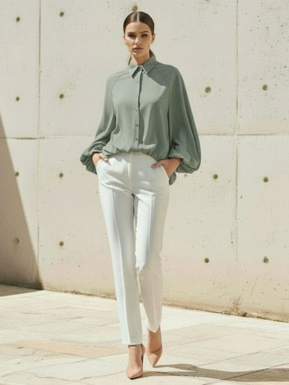 High-Low Puff Sleeves Buttoned Solid Color Split-Joint Lapel Blouses