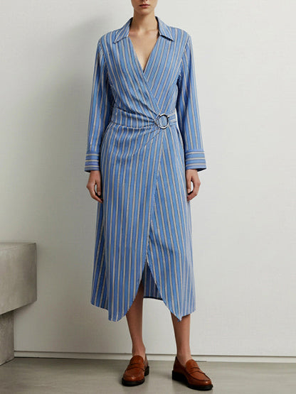 Long Sleeves Buckle Striped Deep V-Neck Midi Dresses Shirt Dress