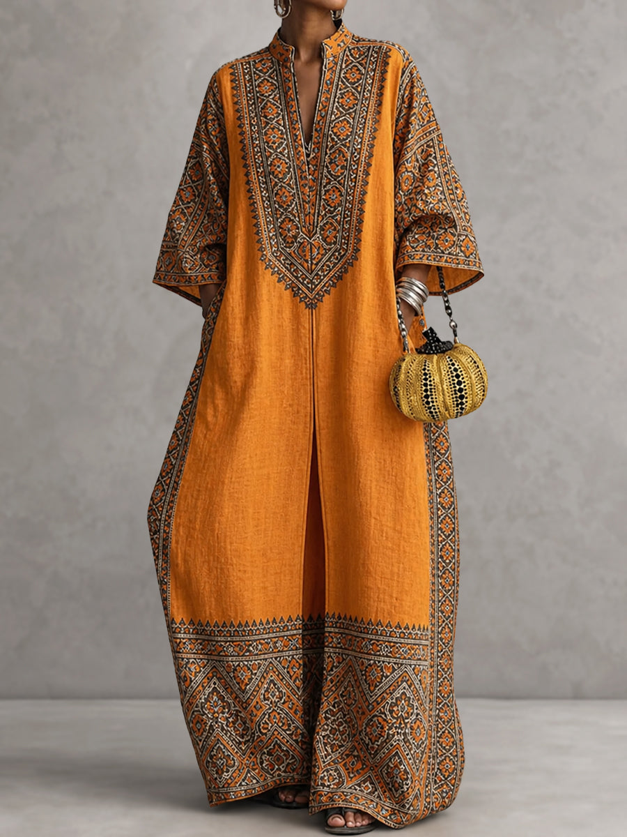 Printed Pockets Contrast Color Three-quarter Sleeves V-neck Jumpsuits