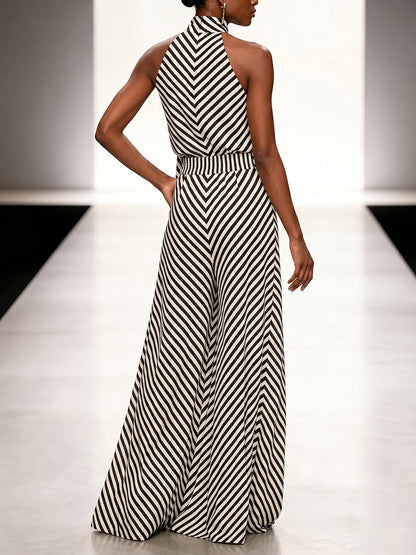 Sleeveless Contrast Color Draped Striped Halter-Neck Blouses&Shirts Tops