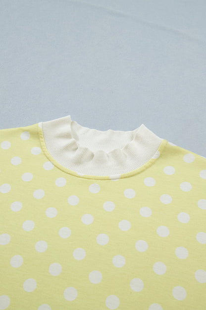 Yellow Polka Dot Print Color Block Trim Mock Neck Short Set