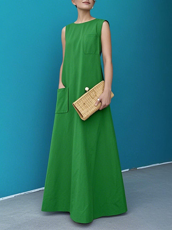 Robe longue trapèze à poches amples et col rond, couleur unie 