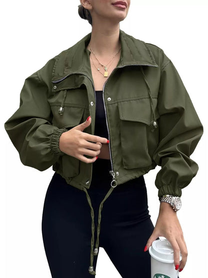 Crop Drawstring Hem Zip Up Jacket