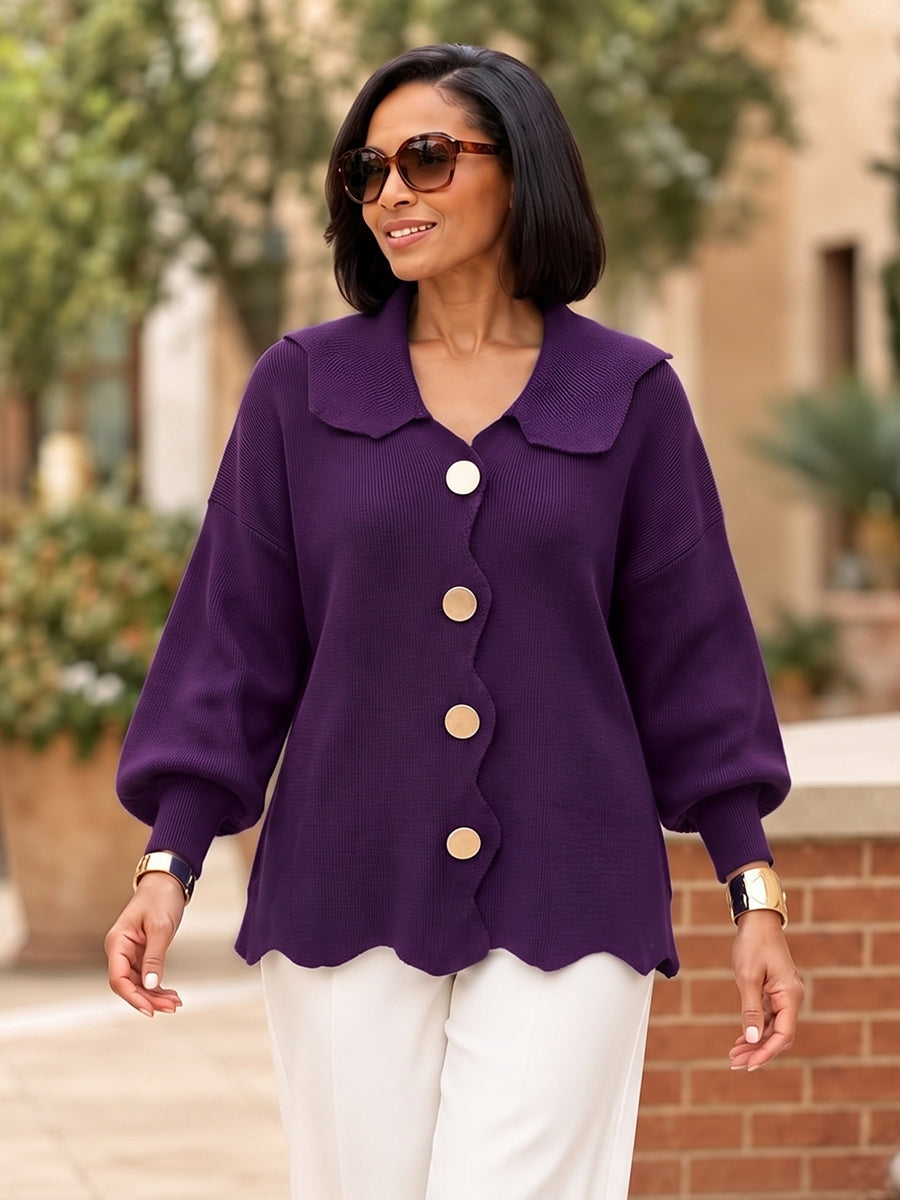 Solid Color Ribbed Knit Buttoned Asymmetric Plus Size Loose Lapel Cardigan Tops