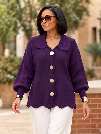 Solid Color Ribbed Knit Buttoned Asymmetric Plus Size Loose Lapel Cardigan Tops