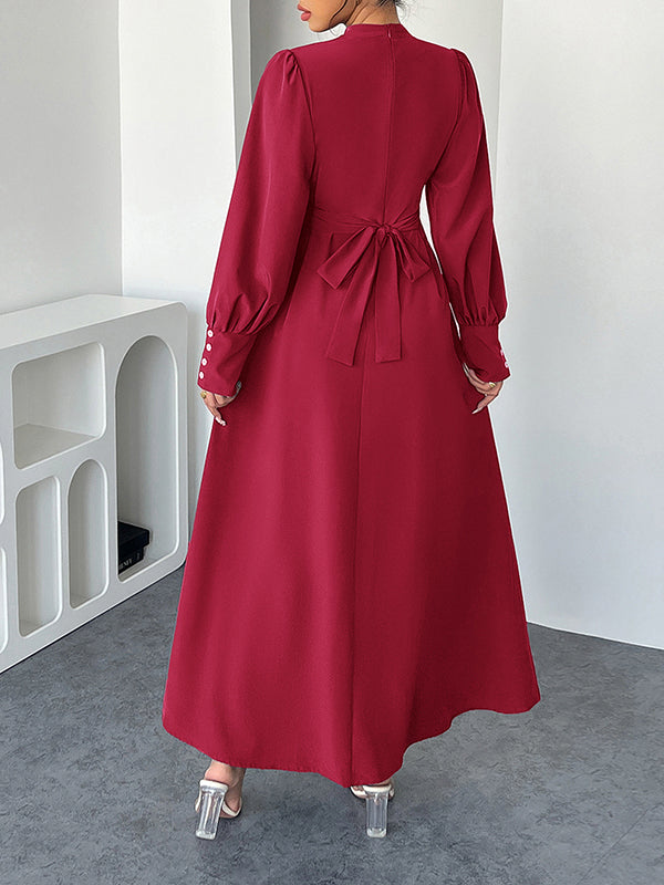 A-Line High Waisted Pleated Solid Color Tied Waist Mock Neck Maxi Dresses