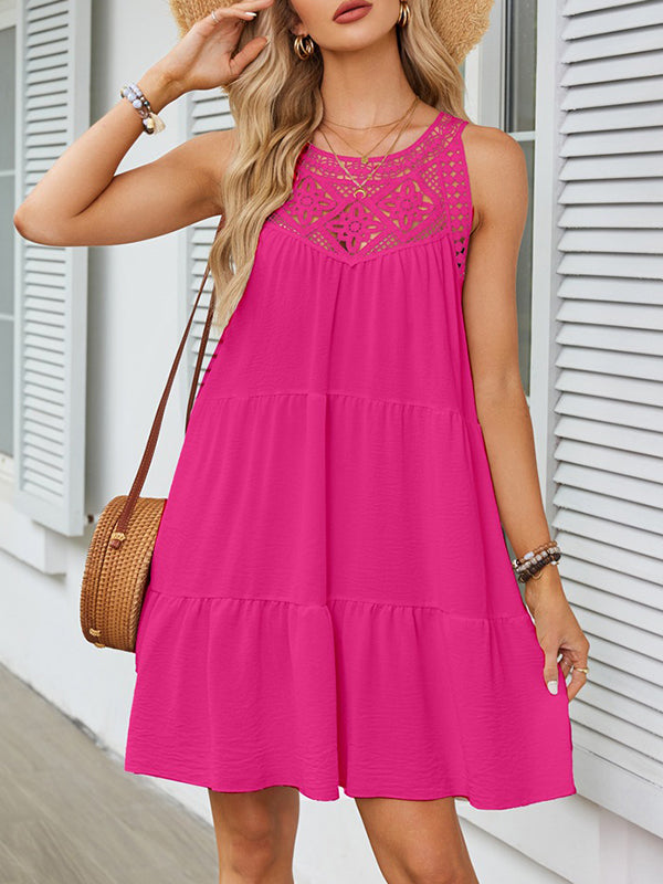 A-Linie Locker Hohl Plissee Einfarbig Split-Joint Rundhals Minikleider 