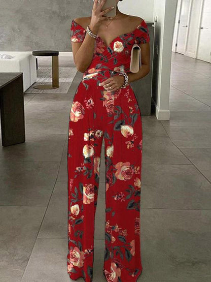 High Waisted Loose Contrast Color Pleated Printed Split-Joint Twist Off-The-Shoulder Jumpsuits