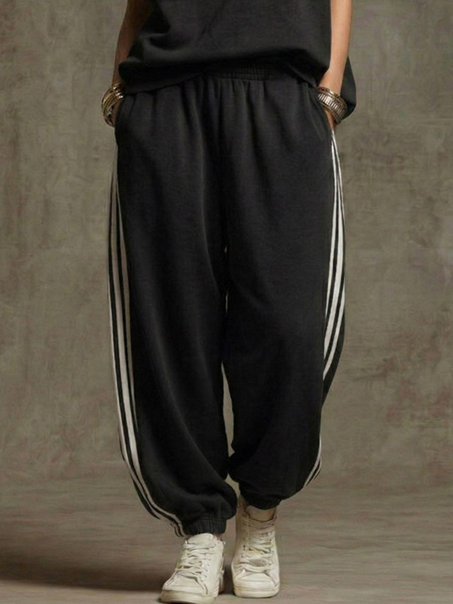 Ankle-Tied Loose Contrast Color Pleated Pockets Split-Joint Striped Pants Trousers