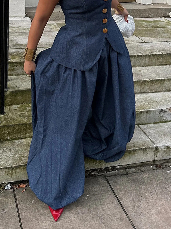 Pantalon sarouel ample plissé couleur unie en jean 