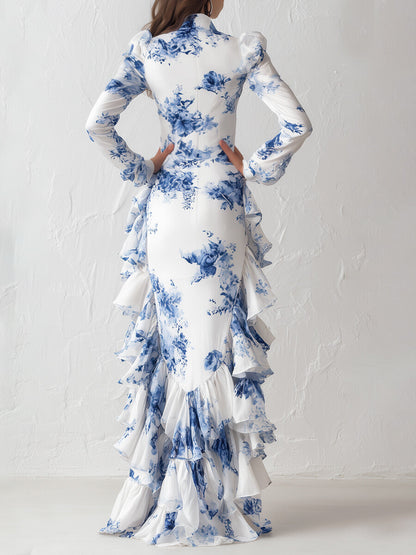 High Waisted High-Low Flower Print Ruffled Split-Joint Zipper V-Neck Maxi Dresses