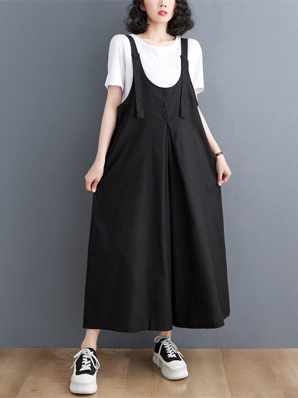 Ninth Pants Wide Leg Buttoned Solid Color Spaghetti-Neck Overalls
