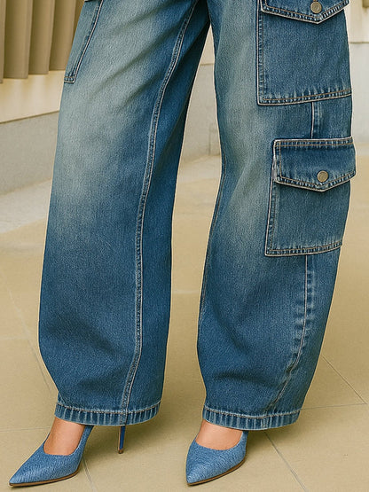 High Waisted Loose Buttoned Pockets Solid Color Split-Joint Jean Pants Bottoms