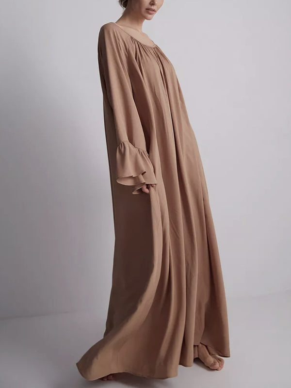A-Line Flared Sleeves Pleated Solid Color Split-Joint Round-Neck Maxi Dresses