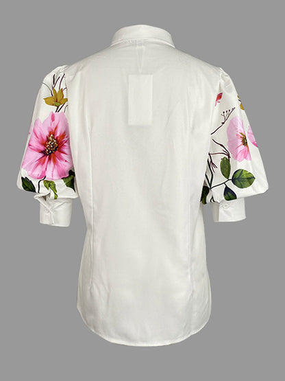 Puff Sleeves Asymmetric Floral Printed Split-Joint Lapel Blouses&Shirts Tops