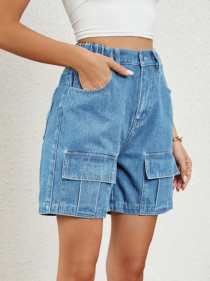 High Waisted Loose Elasticity Pockets Split-Joint Denim Shorts