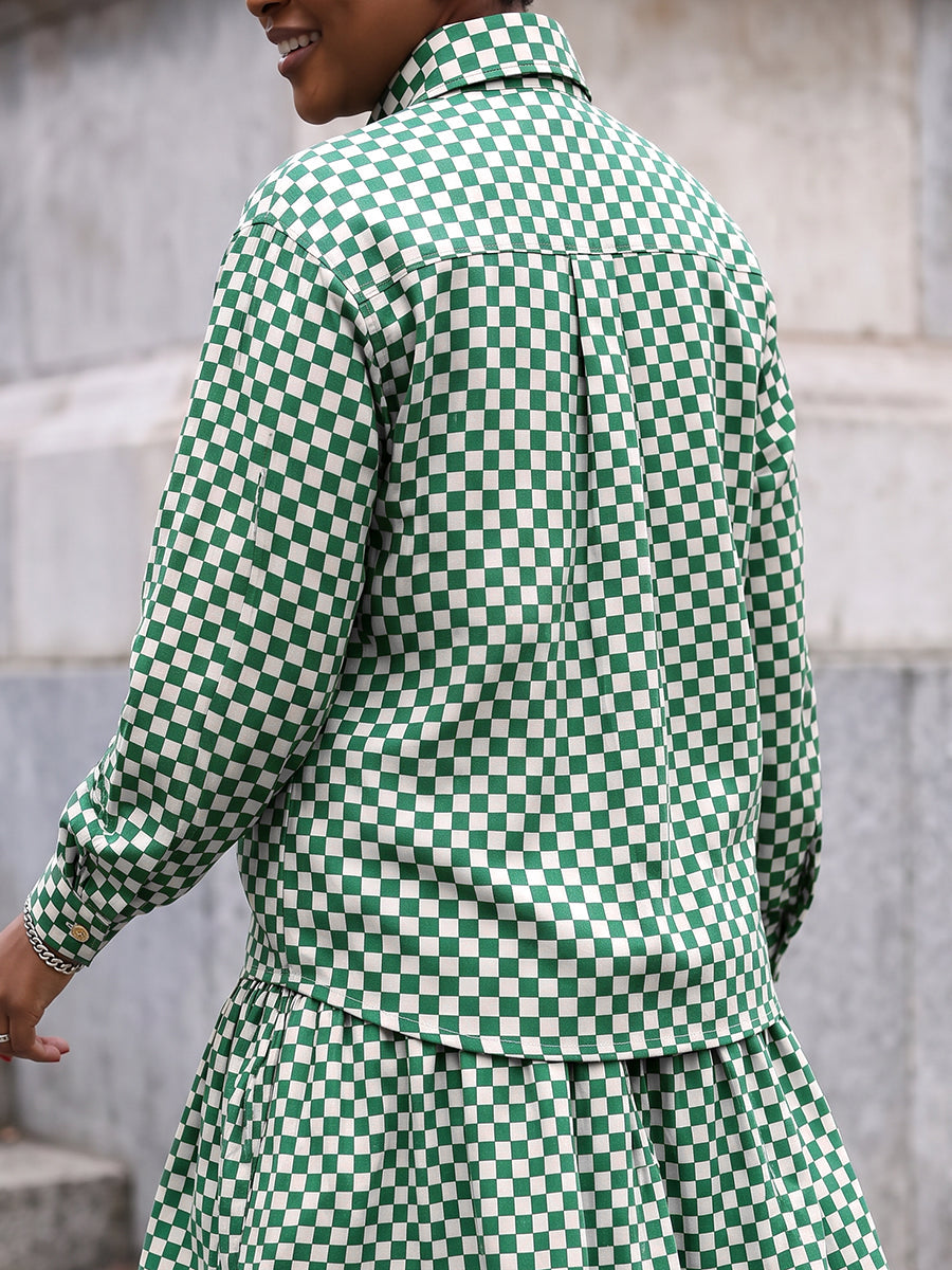 Plaid Contrast Color Buttoned Long Sleeves Lapel Blouses&shirts Tops