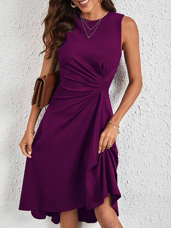 A-Line High Waisted Asymmetric Pleated Solid Color Split-Joint Round-Neck Midi Dresses