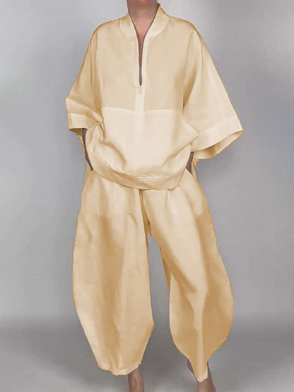 Long Sleeves Loose Solid Color Zipper V-Neck Shirts Tops