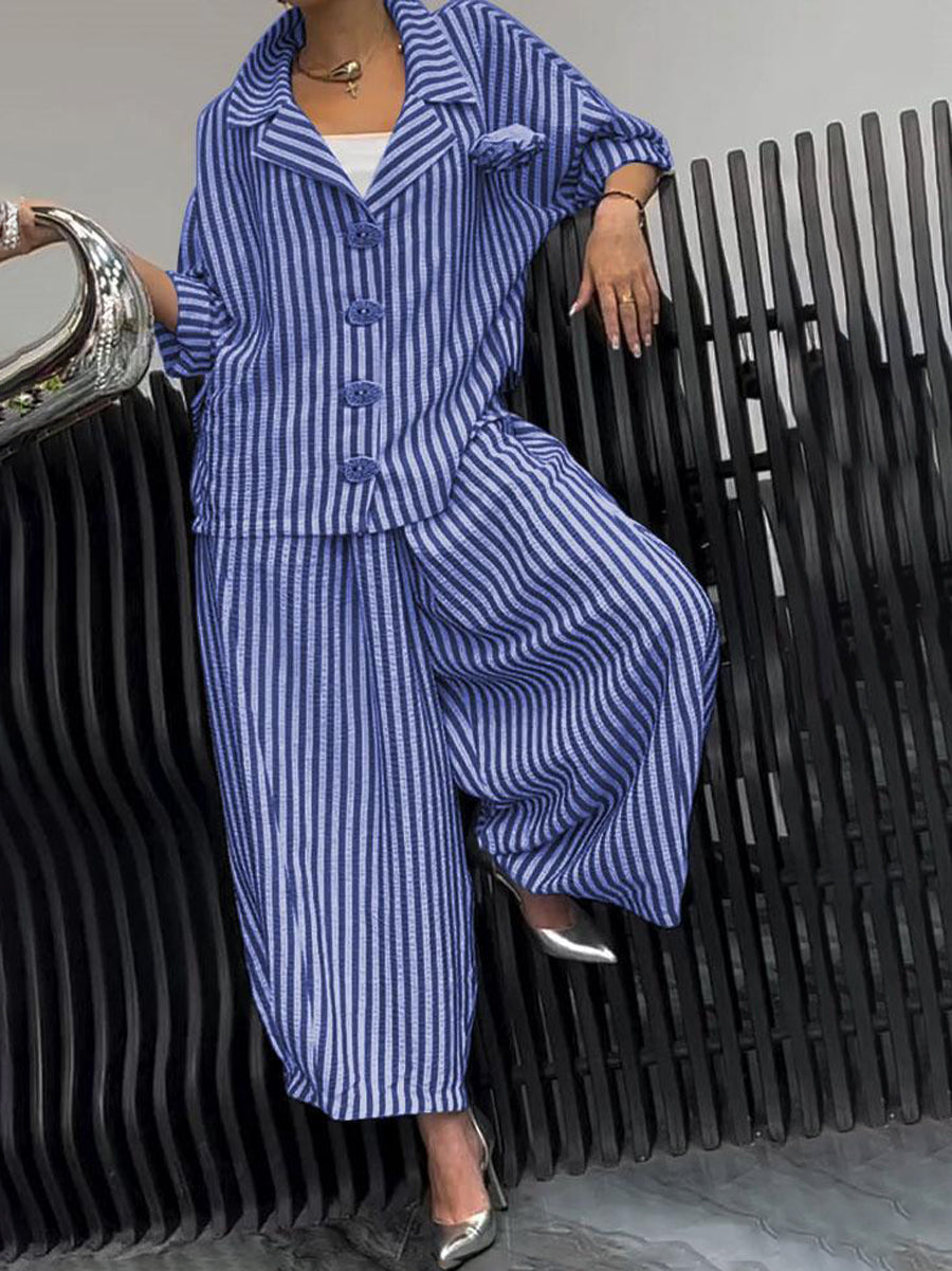 Long Sleeves Loose Buttoned Contrast Color Striped Notched Collar Two Pieces Set