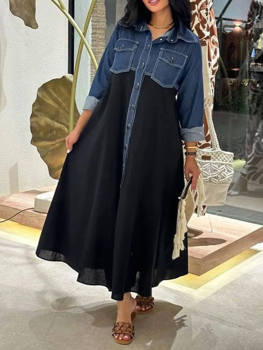A-Line Long Sleeves Buttoned Pockets Split-Joint Lapel Maxi Dresses