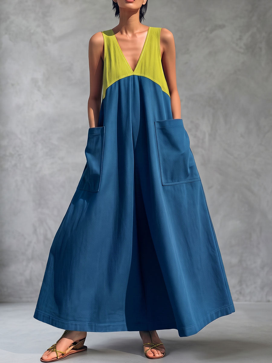 Split-Joint Pockets Contrast Color Sleeveless Loose V-neck Maxi Dresses