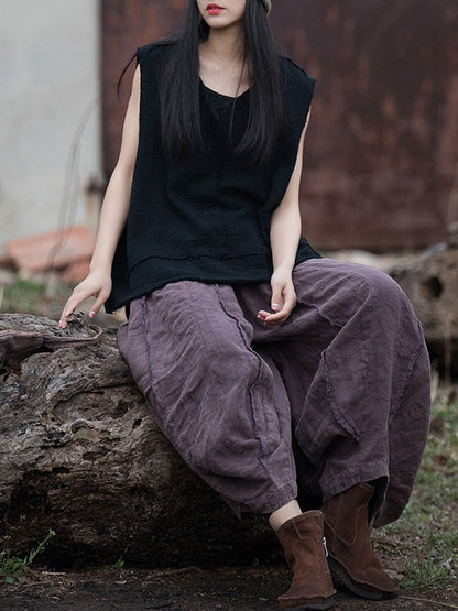 Loose Sleeveless Fringed Pleated Solid Color Split-Joint V-Neck Vest Top