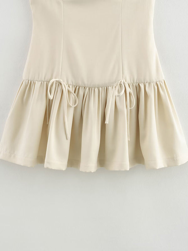 Mini-robe trapèze ample plissée de couleur unie avec fermeture éclair et col rond 