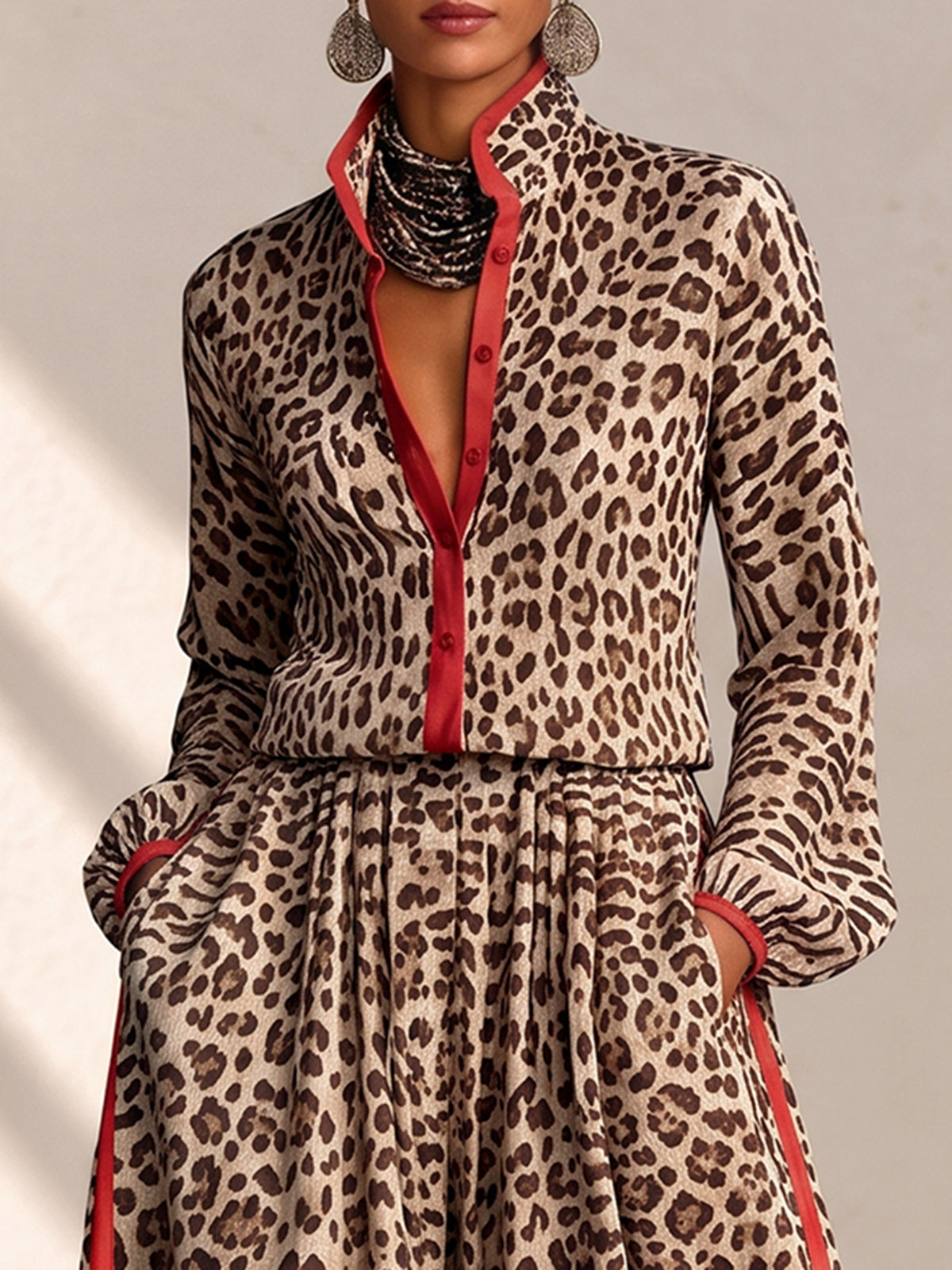 Split-Joint Leopard Contrast Color Buttoned Long Sleeves Stand Collar Blouses&shirts Tops