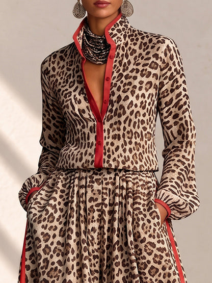Split-Joint Leopard Contrast Color Buttoned Long Sleeves Stand Collar Blouses&shirts Tops