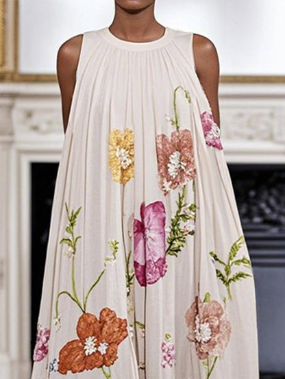 A-Line Loose Floral Printed Pleated Split-Joint Round-Neck Evening Dresses Maxi Dresses