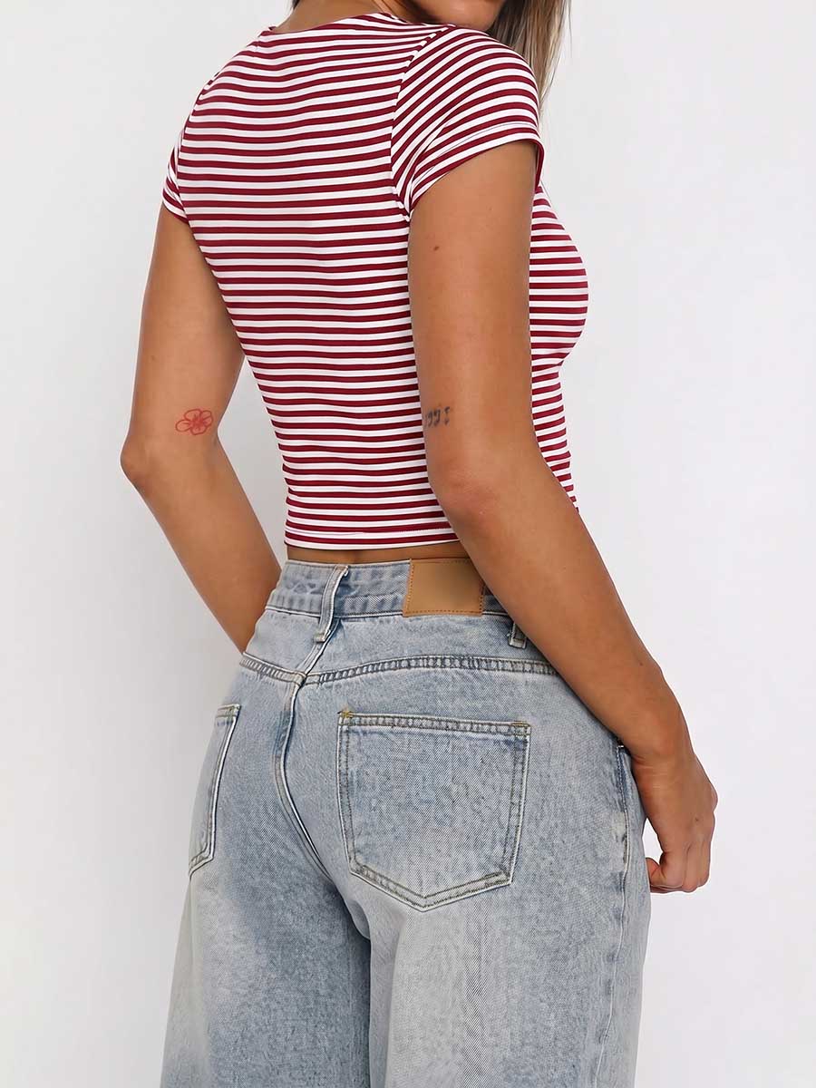 Striped Contrast Color Skinny Short Sleeves Square-neck T-Shirts Tops