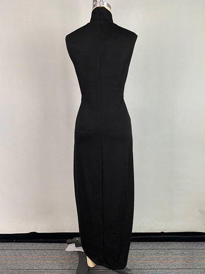 Robe longue moulante sans manches, boutonnée, couleur unie, fendue sur les côtés, col haut 