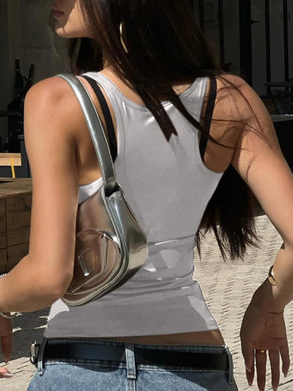 Skinny Sleeveless Shiny Solid Color Split-Joint Spaghetti-Neck Vest Top