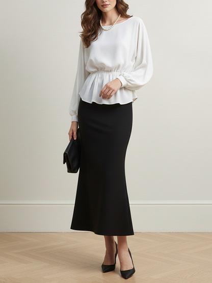 Long Sleeves Loose Elasticity Solid Color Round-Neck Blouses&Shirts Tops