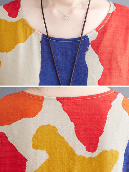 Künstlerische Retro-Kurzarm-Midikleider mit lockerem Kontrastfarbdruck und Rundhalsausschnitt 