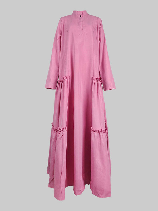 A-Line Long Sleeves Buttoned Layered Pleated Pockets Ruffled Solid Color Split-Joint Stand Collar Maxi Dresses