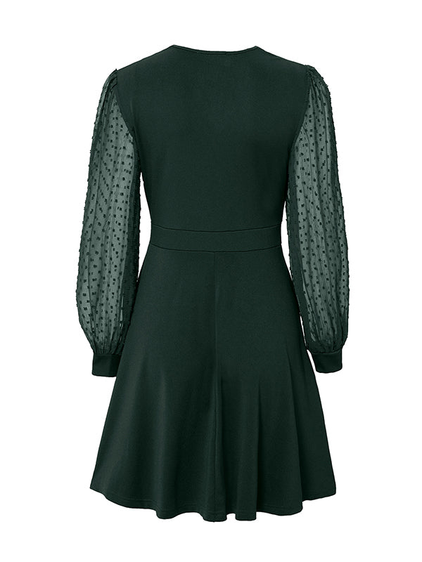 A-Line Long Sleeves Gauze Pleated Split-Joint V-Neck Midi Dresses