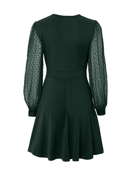 A-Line Long Sleeves Gauze Pleated Split-Joint V-Neck Midi Dresses