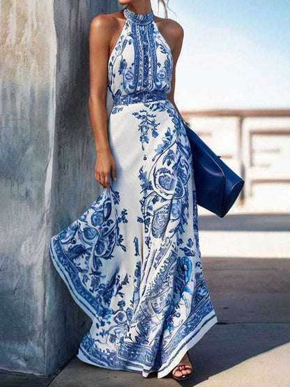 A-Line High Waisted Contrast Color Flower Print Halter-Neck Maxi Dresses