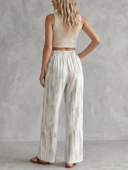 High Waisted Wide Leg Contrast Color Drawstring Elasticity Pockets Pants Trousers