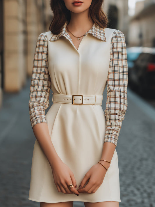High Waisted Long Sleeves Belted Plaid Split-Joint Lapel Mini Dresses
