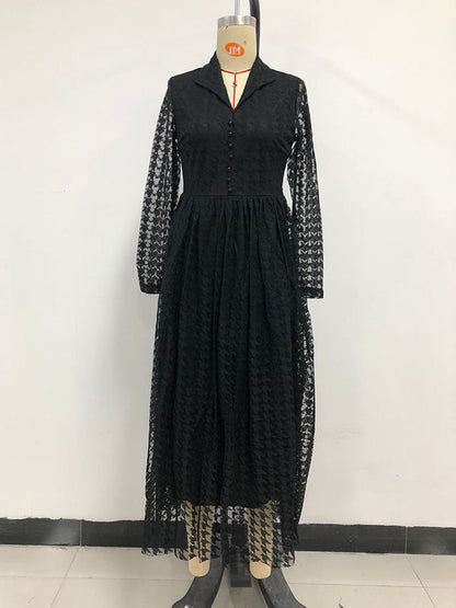 Robe longue taille haute, manches longues, boutonnée, transparente, couleur unie, col en V 